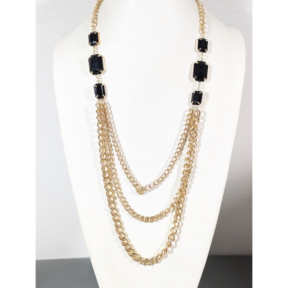 Retro Gold Tone Multi Layer Chain Black‎ Rhinestone Statement Bib Necklace 30"
